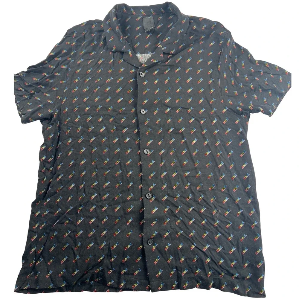 HM Mens Proud Rainbow Script Button Down Shirt Black Viscose Camp Collar Medium